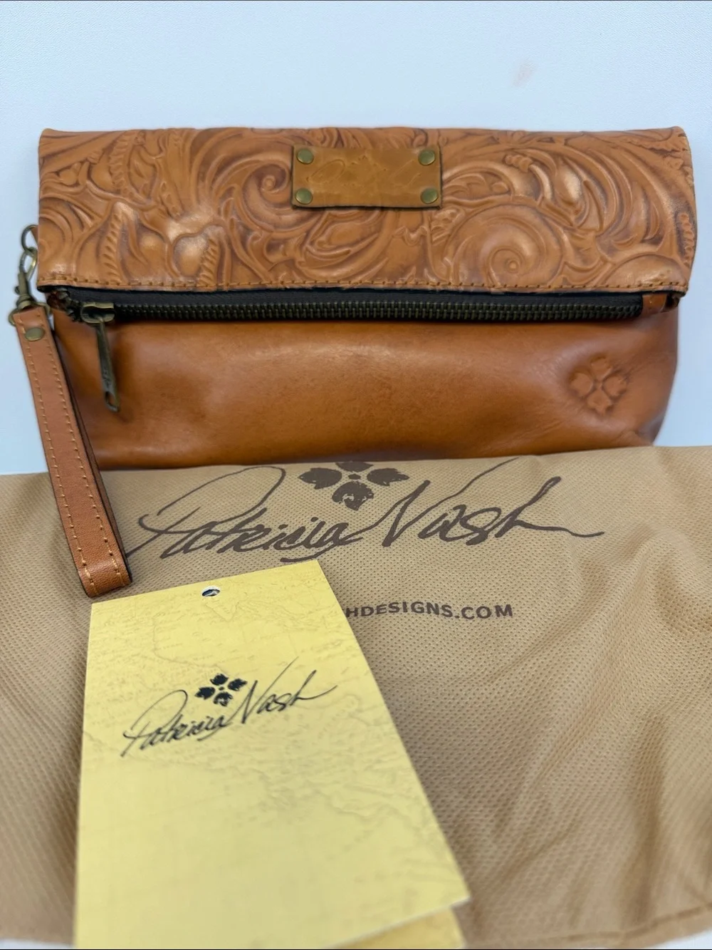Patricia Nash Valerie Cognac Tooled Leather Foldover Wristlet Clutch Bag